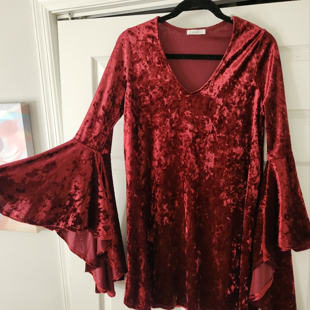 Burgundy Velvet Bell Sleeve Dress